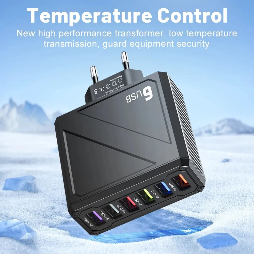 Cargador Pared USB 6 Puertos 3.1A Carga Rápida Adaptador Móvil para iPhone/Samsung/Xiaomi/Huawei