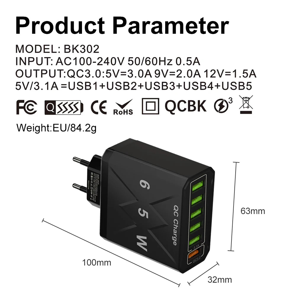 Adaptador Cargador Viaje Rápido USB 3.1A 6 en 1 Multi-Enchufe QC3.0 para iPhone 12/13/Samsung/Xiaomi