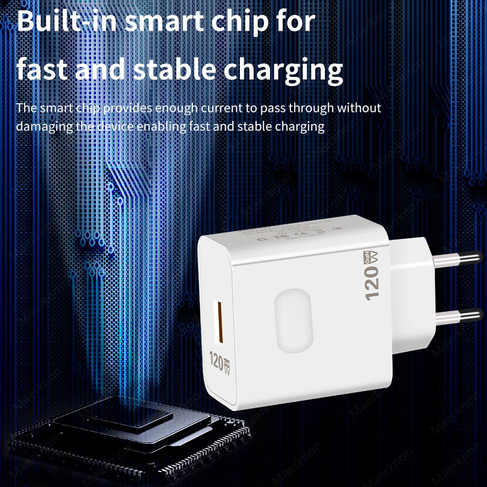 Cargador USB GaN 120W Carga Rápida con Cable USB Tipo C 10A para iPhone/Huawei/Samsung/Xiaomi