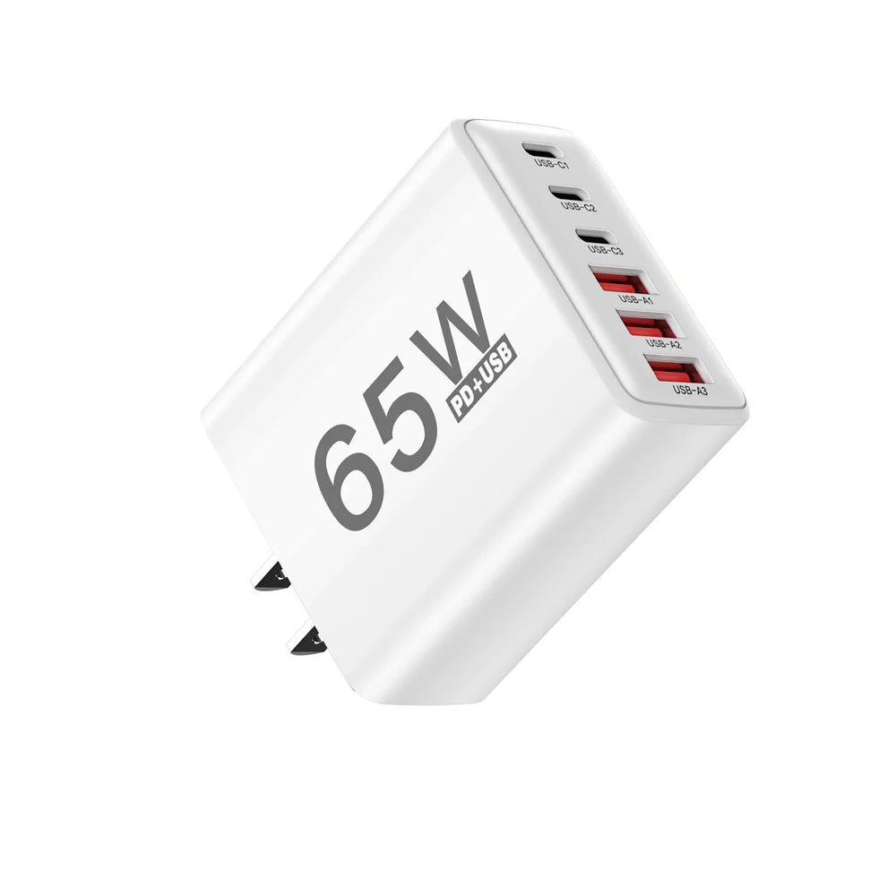 Cargador Pared USB C Múltiple 6 Puertos 65W Carga Rápida Total PD Adaptador Móvil para iPhone 15/16 Pro/Xiaomi/Samsung