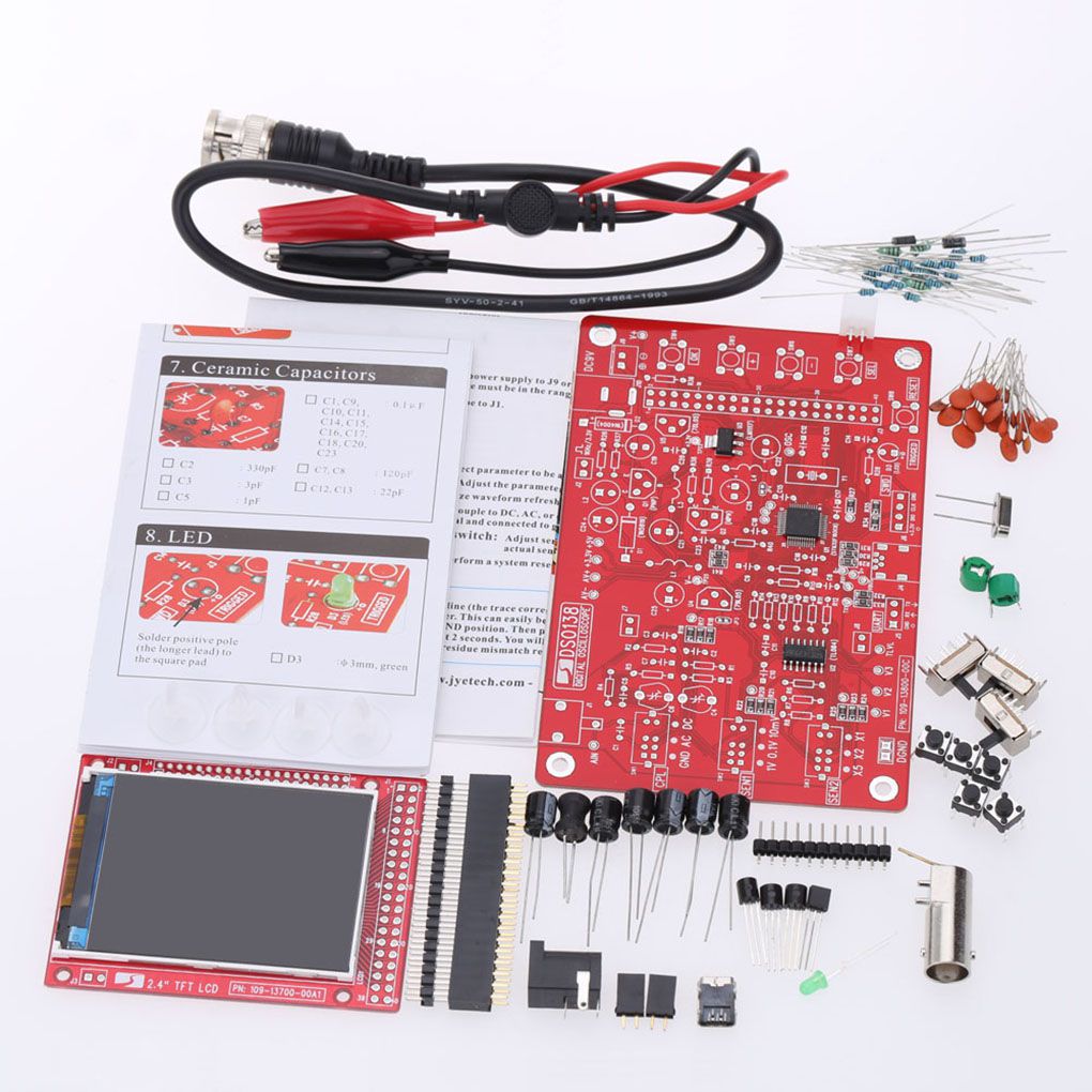 Kit Osciloscopio Digital DIY DSO138 (Código Abierto) con Sonda Cocodrilo y Case Acrílico + Generador XR2206