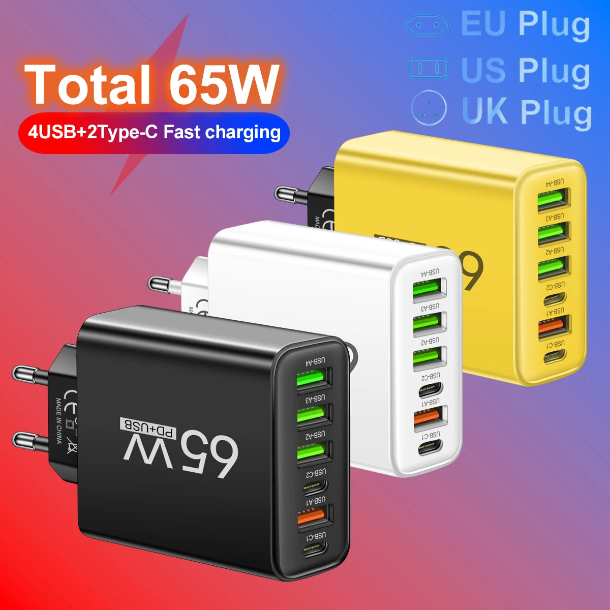 Cargador Pared Rápido USB-C 65W (6 Puertos) para iPhone 14/15 Pro Max, Samsung S23, Xiaomi 14