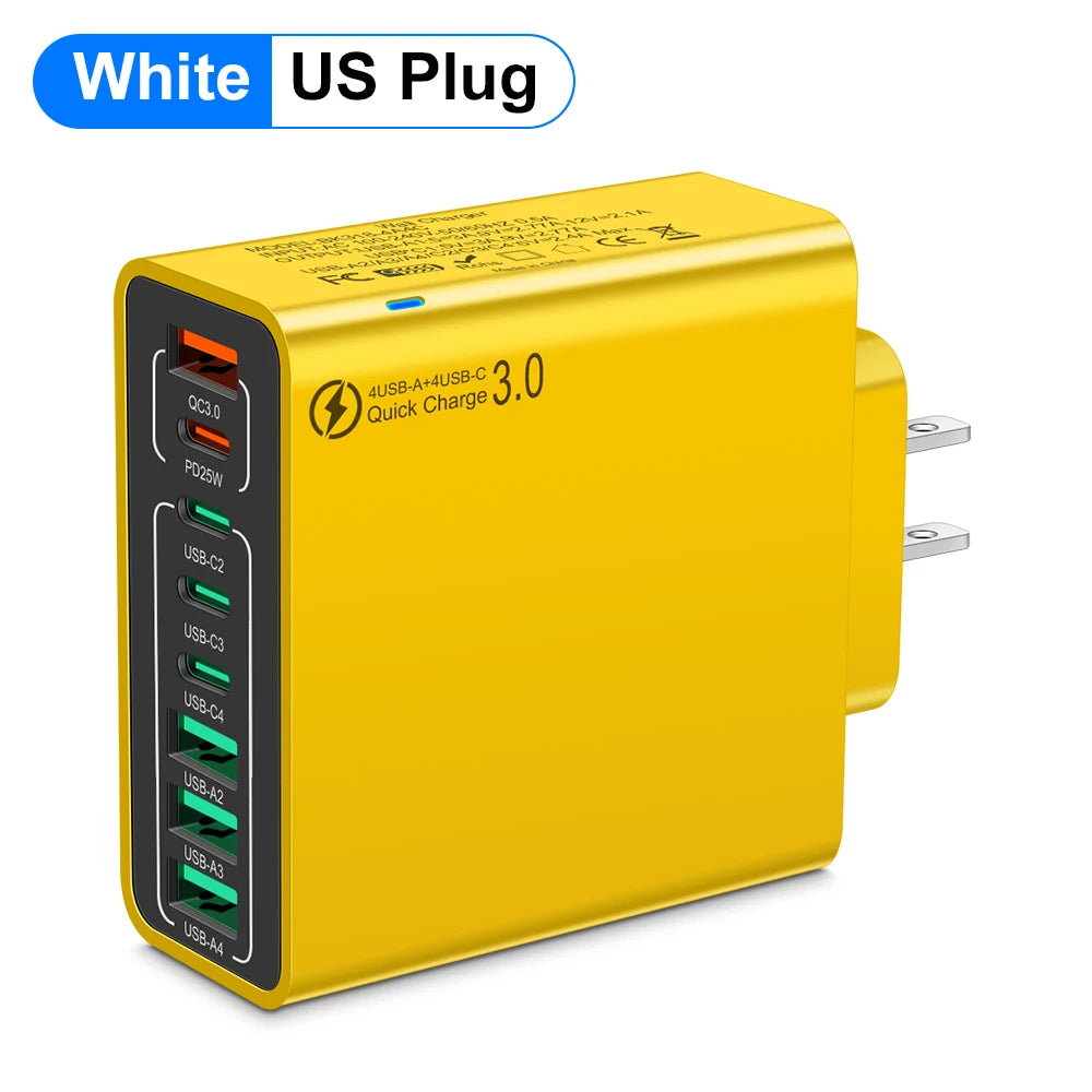 Cargador Pared USB 8 Puertos (Total 65W) Carga Rápida (PD Tipo C, QC 3.0) Adaptador para iPhone 14/15 Pro Max/Xiaomi/Samsung
