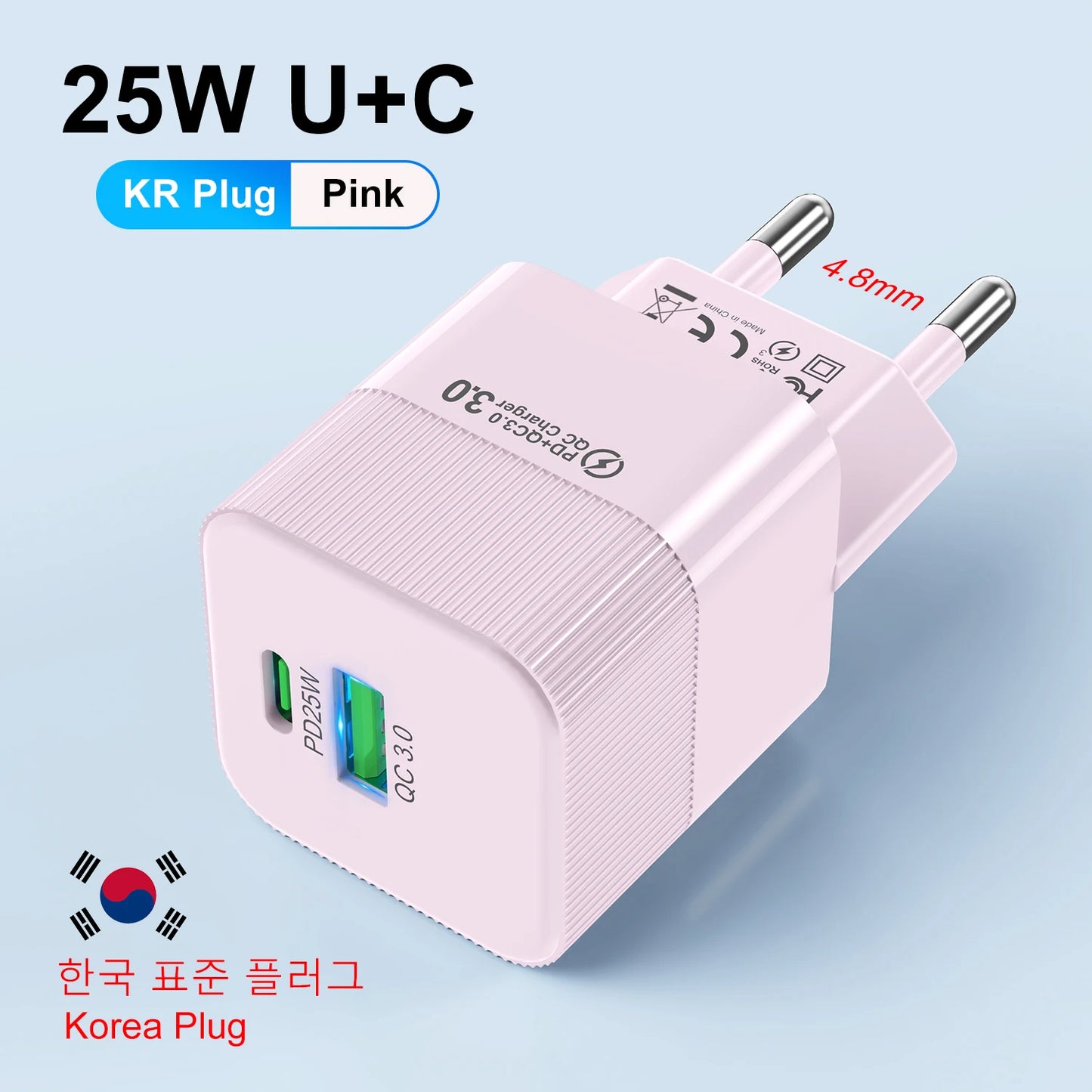 Cargador Pared Rápido PD 25W USB Tipo C (Enchufe Coreano KR) para iPhone 15 Pro Max