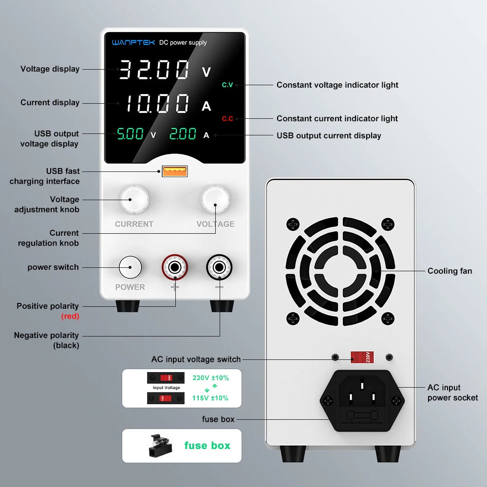 Fuente de Poder Laboratorio WANPTEK DC Ajustable 30V/60V/120V Regulador Voltaje Preajuste V/A (Input 110V/220V)
