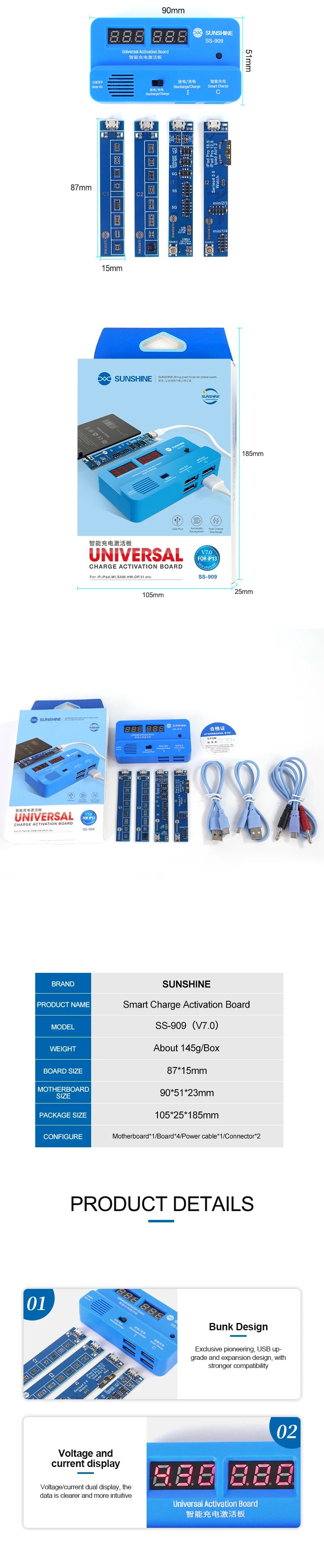 SUNSHINE SS-909 Universal Battery Charging Activation Board Tester Fast Charging Plate For iPhone ipad Android Phone Repair