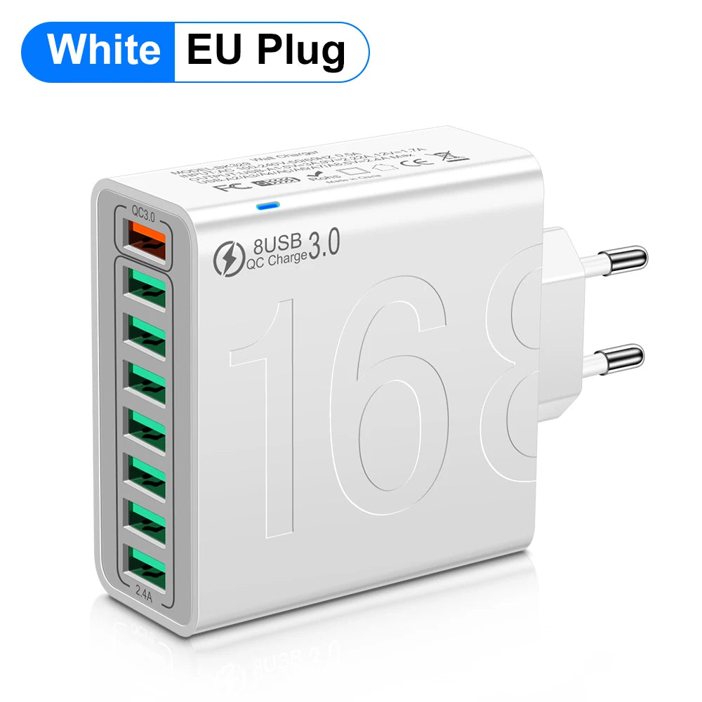 Cargador Pared Rápido USB Total 150W QC 3.0 Adaptador Carga Móvil Enchufe EU/US/KR para iPhone/Xiaomi/Huawei