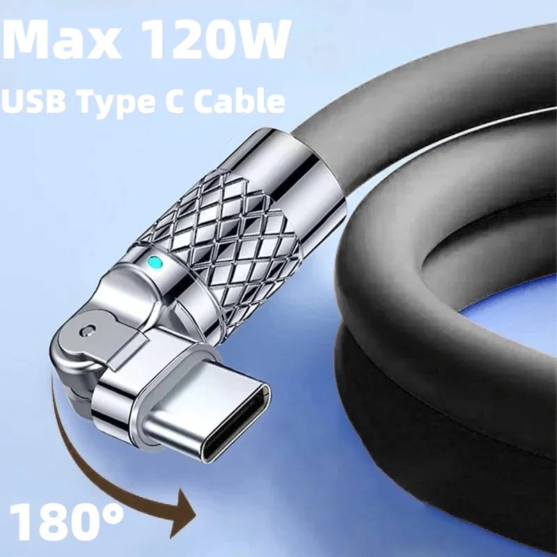 Cable Datos Silicona Grueso/Alargado Tipo C 120W 6A Carga Ultra Rápida con Rotación 180° para Huawei/Samsung/Xiaomi