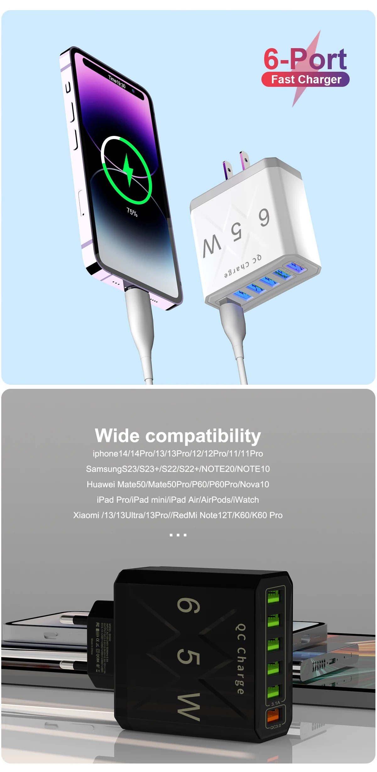 Adaptador Cargador Viaje Rápido USB 3.1A 6 en 1 Multi-Enchufe QC3.0 para iPhone 12/13/Samsung/Xiaomi