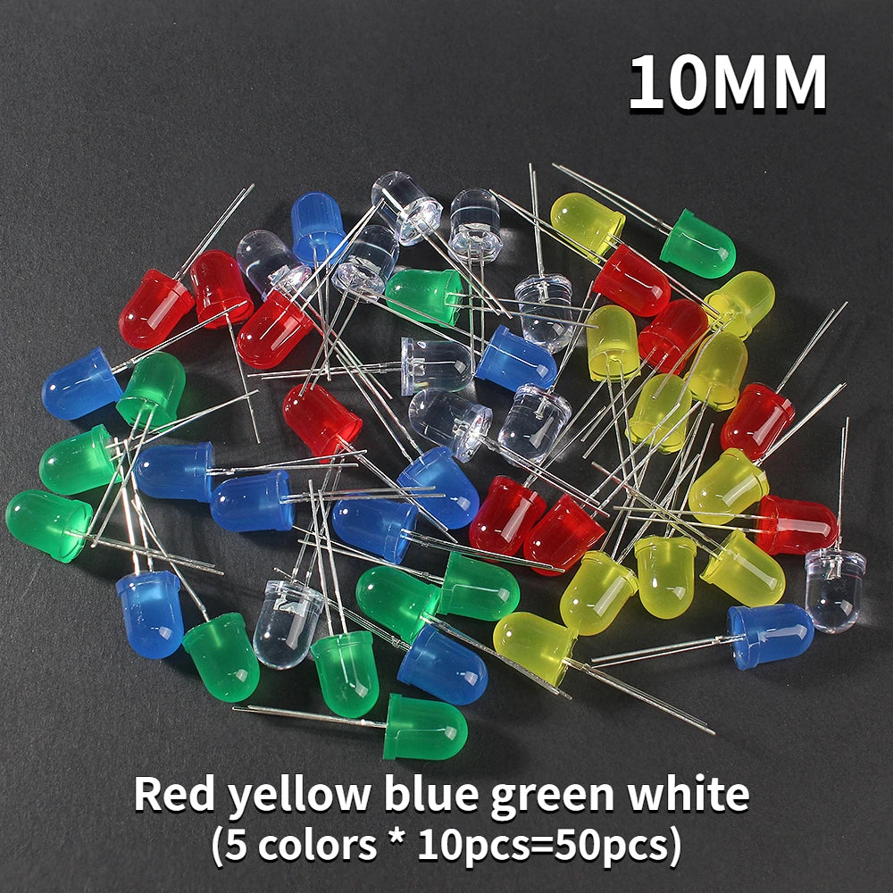 Kit Surtido Diodos LED (3mm/5mm/8mm/10mm, Rojo/Amarillo/Azul/Verde/Blanco) para DIY Electrónico (50/100 Unidades)
