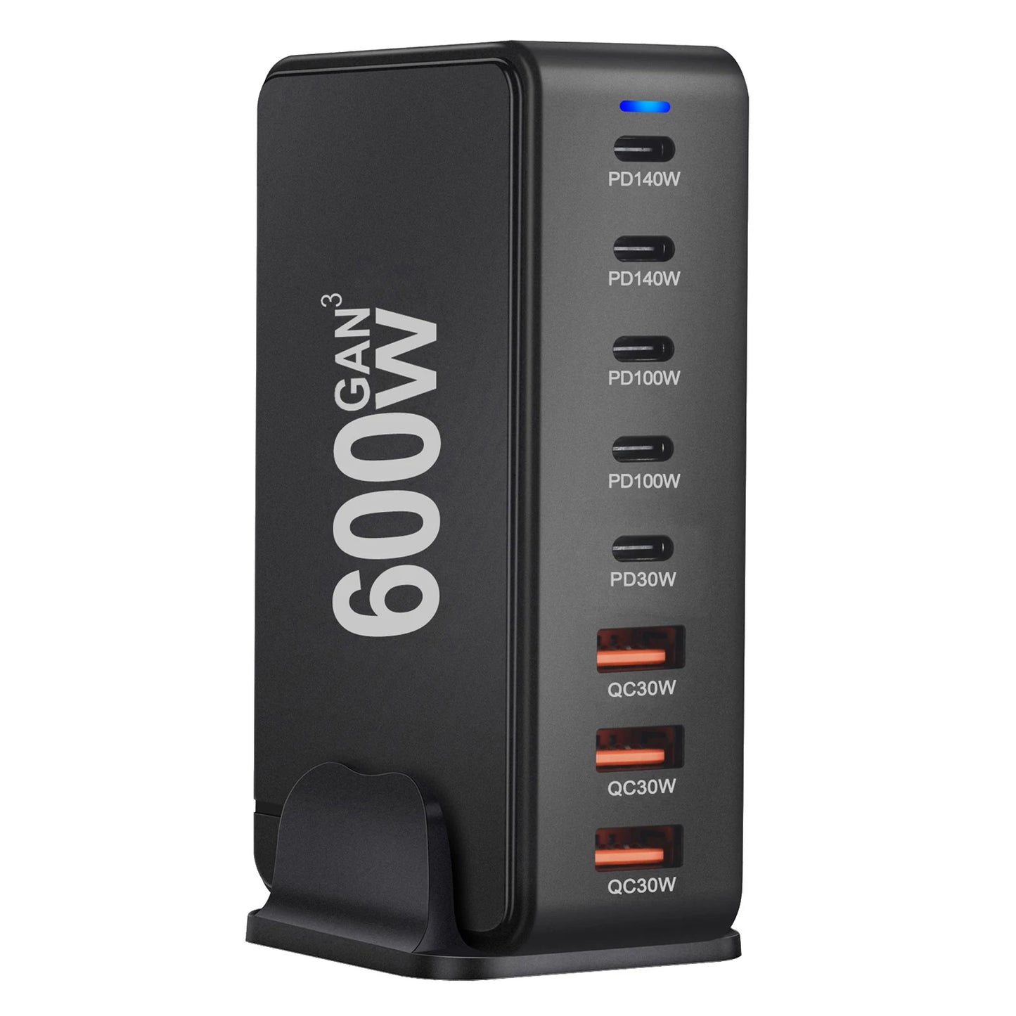 Cargador GaN Rápido 600W 8 Puertos (5 USB-C PD + 3 USB-A QC 3.0?) Portátil para Móvil/Tablet