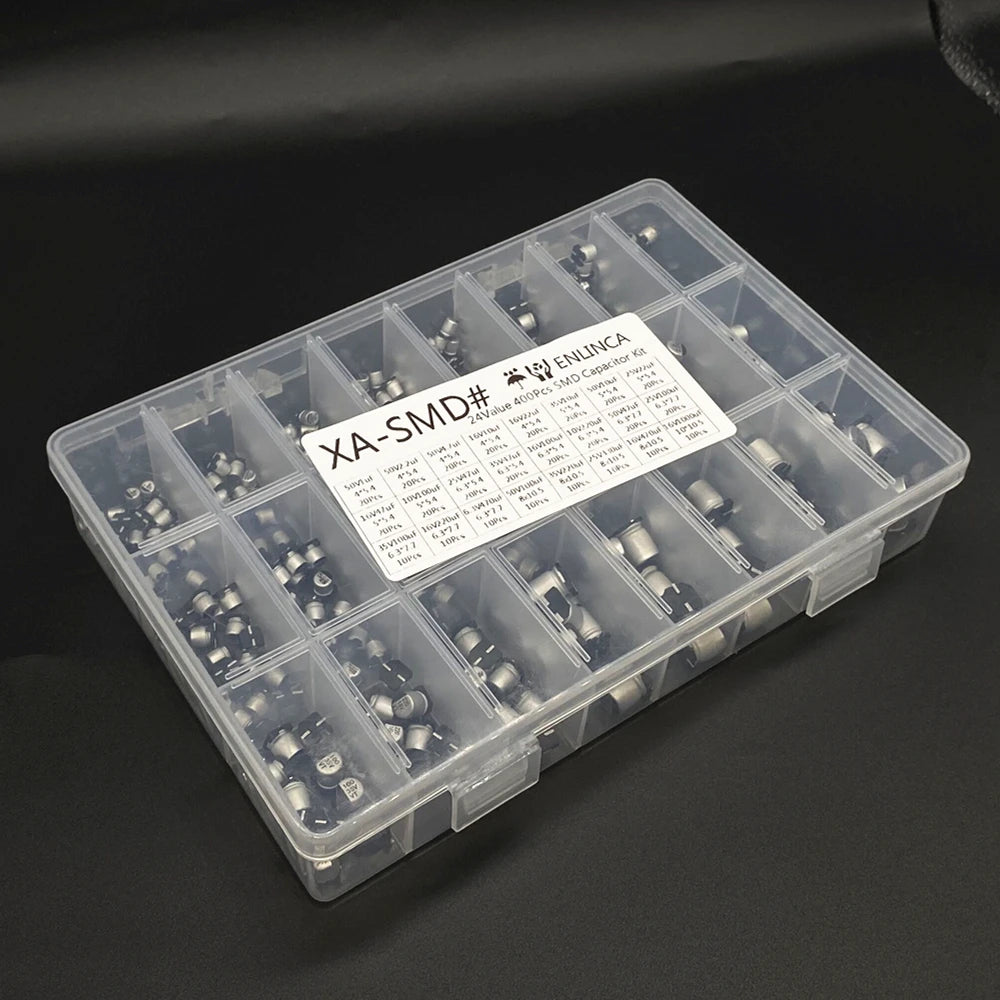 Kit Surtido Capacitor Electrolítico Aluminio SMD (1uF-1000uF, 24 Valores) - Pack 400 Piezas