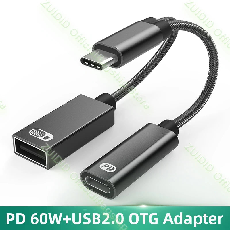 Adaptador Cable Carga USB-C OTG 2-en-1 PD 60W + USB 2.0 Data Converter para iPad Pro/Samsung/Huawei/Xiaomi/Laptop/Tablet