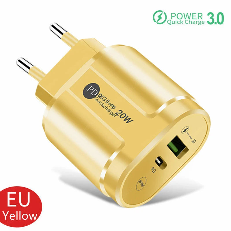 Cargador USB Doble Puerto (Quick Charge 3.0, PD 20W Tipo C) Adaptador Carga Rápida para iPhone 13/12Pro/Huawei/Xiaomi/Samsung