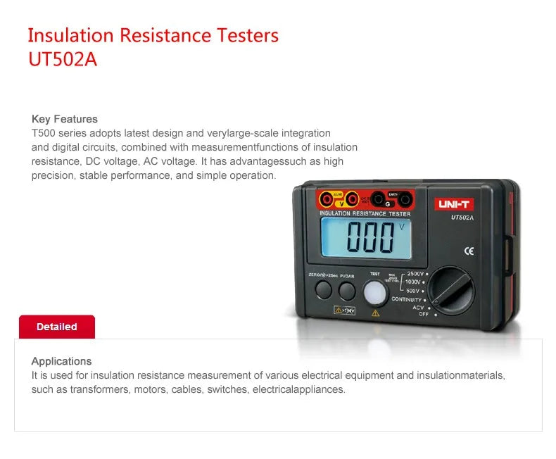 Probador Resistencia Aislamiento UNI-T UT501A/UT501C/UT502A/UT502C - Megóhmetro Digital Ohm Tester, Auto Rango, Backlight