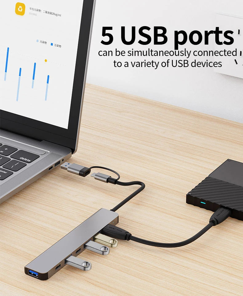 Hub Extensor USB-C a USB 3.0 Aluminio 7 en 1 (1x USB 3.0, 4x USB 2.0, 2x USB-C) Distribuidor USB