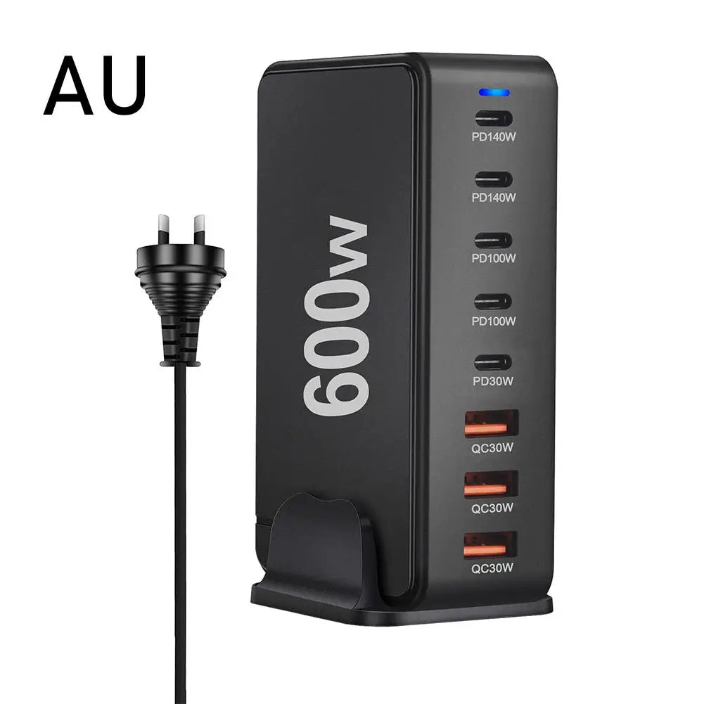 Cargador Escritorio GaN 600W PD3.1 Multifunción 28V/5A USB-C Adaptador US/EU/UK/AU Ahorro Energía