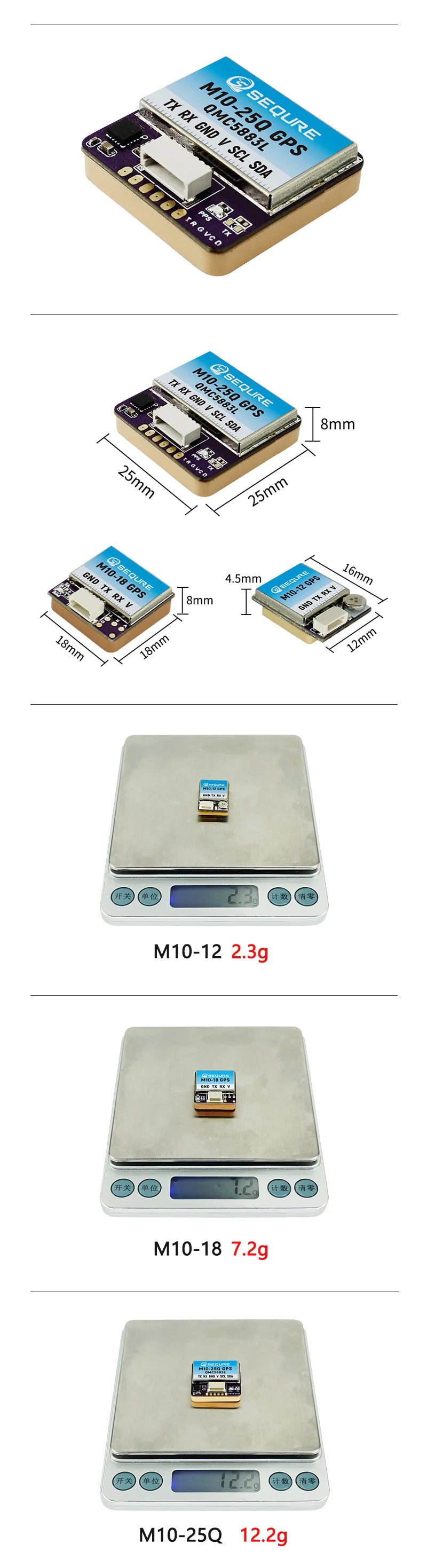 Módulo GPS SEQURE M10-12 / M10-18 / M10-25Q (Pequeño, Rápido) con Compás QMC5883L para Drones FPV Ala Fija/Carreras (INAV/BF)