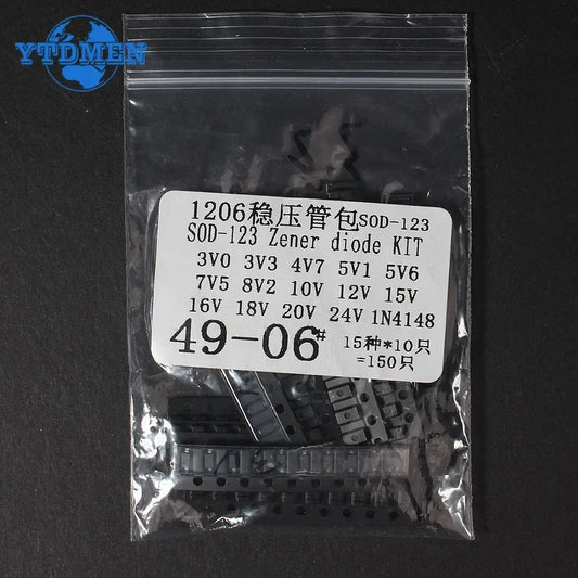 Kit Surtido Diodos Zener SMD (SOD-123/0805, SOD-323, 15 Valores: 3.3V-15V) - Pack 150 Piezas
