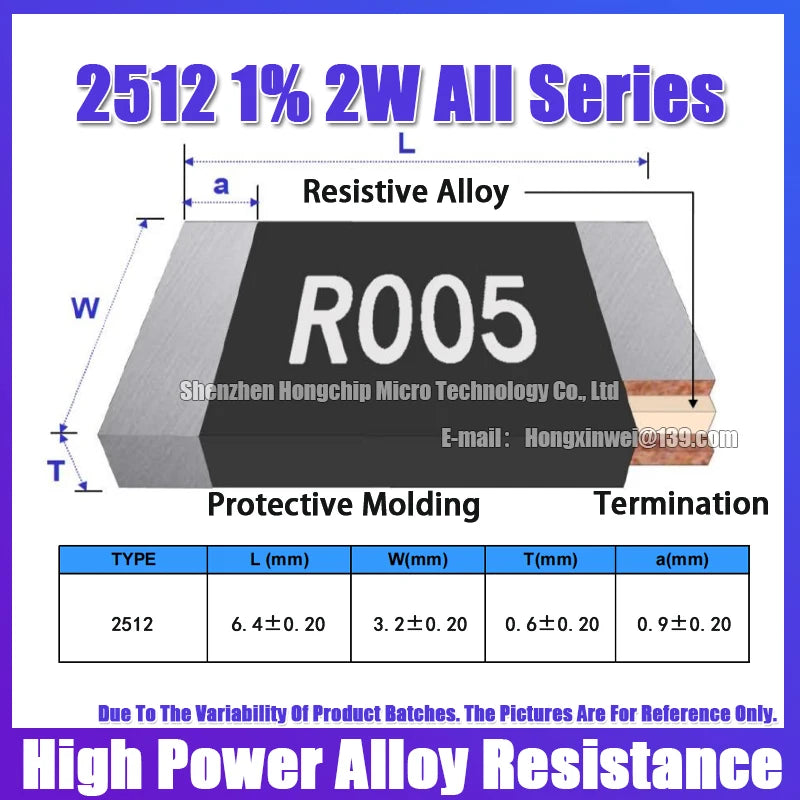 Resistencia Aleación SMD 2512 2W - Varios Valores Bajos (R001 a R300) 6.4x3.2mm - Lote 20 Piezas