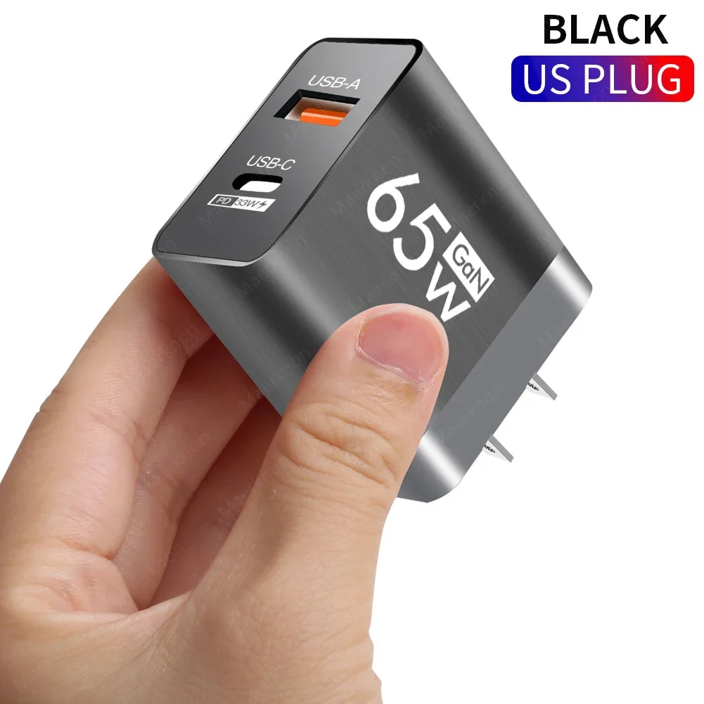 Cargador Pared USB PD GaN 65W Doble Puerto (Tipo C + USB QC3.0) Adaptador Carga Rápida Móvil para iPhone/Samsung/Xiaomi