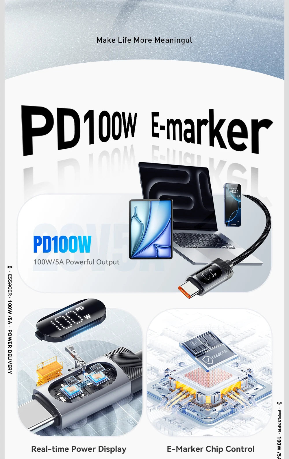 Cable Essager USB-C a Tipo C PD 100W Carga Rápida con Pantalla Digital para iPhone 15/16/Xiaomi/Huawei/Macbook/iPad
