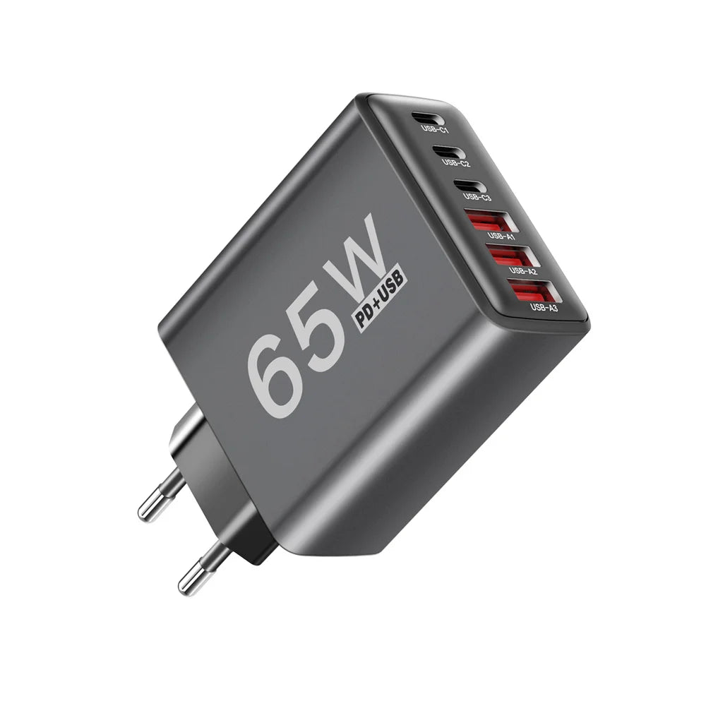 Cargador Pared USB C Múltiple 6 Puertos 65W Carga Rápida Total PD Adaptador Móvil para iPhone 15/16 Pro/Xiaomi/Samsung