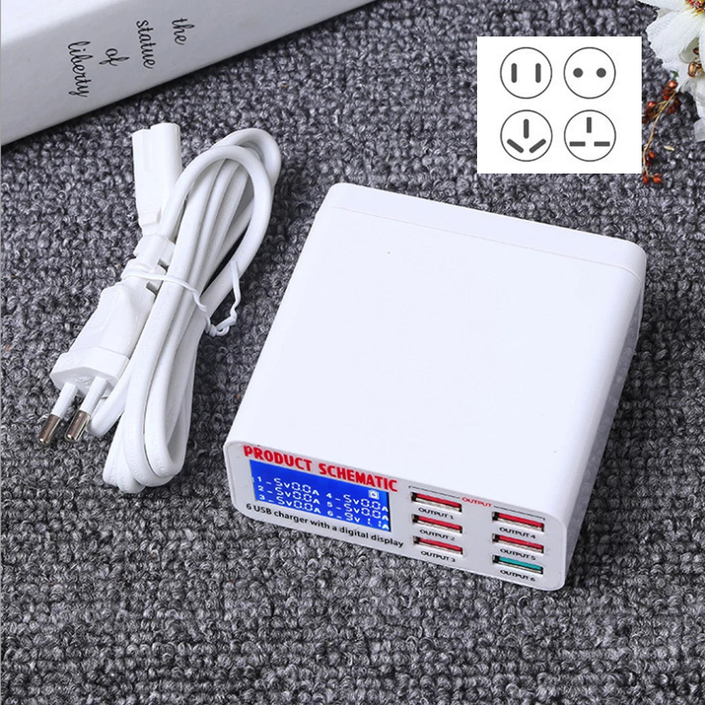 Cargador Escritorio USB 8A QC 3.0 (6 Puertos) con Pantalla LCD Carga Rápida Inteligente para Móvil/Tablet