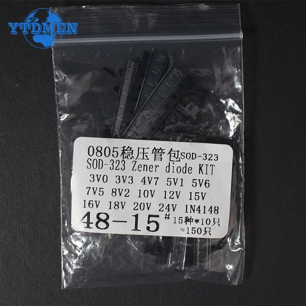 Kit Surtido Diodos Zener SMD (SOD-123/0805, SOD-323, 15 Valores: 3.3V-15V) - Pack 150 Piezas