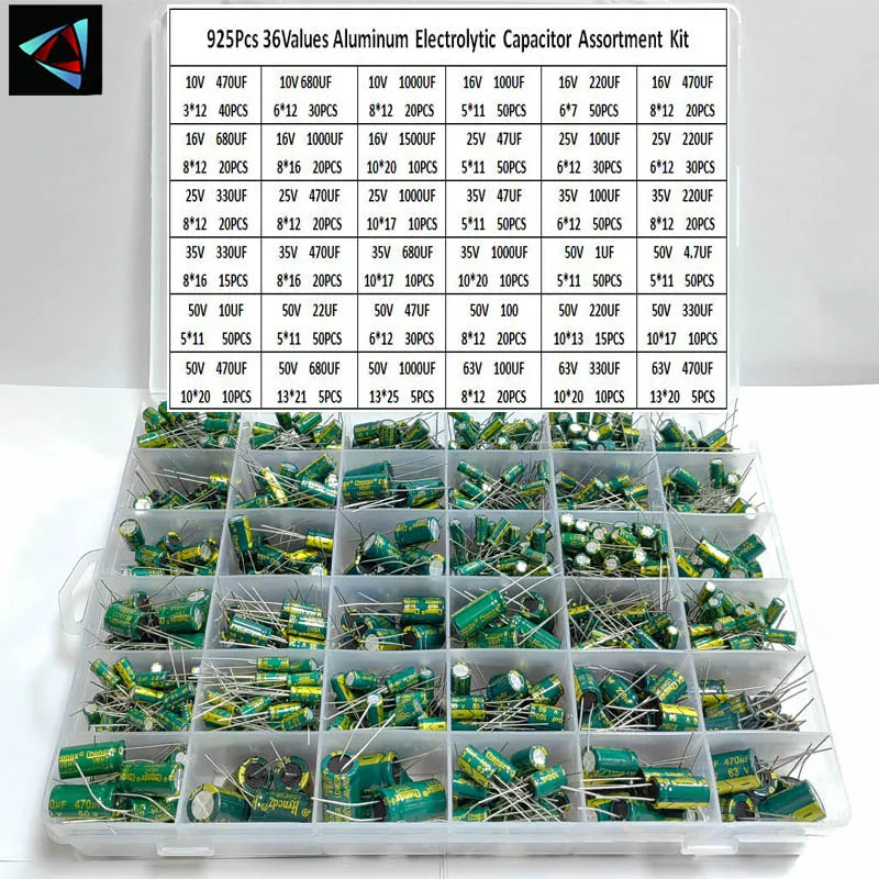 Kit Surtido Capacitor Electrolítico Aluminio Bajo ESR (1uF-470uF, 36 Valores) - Pack 925 Piezas