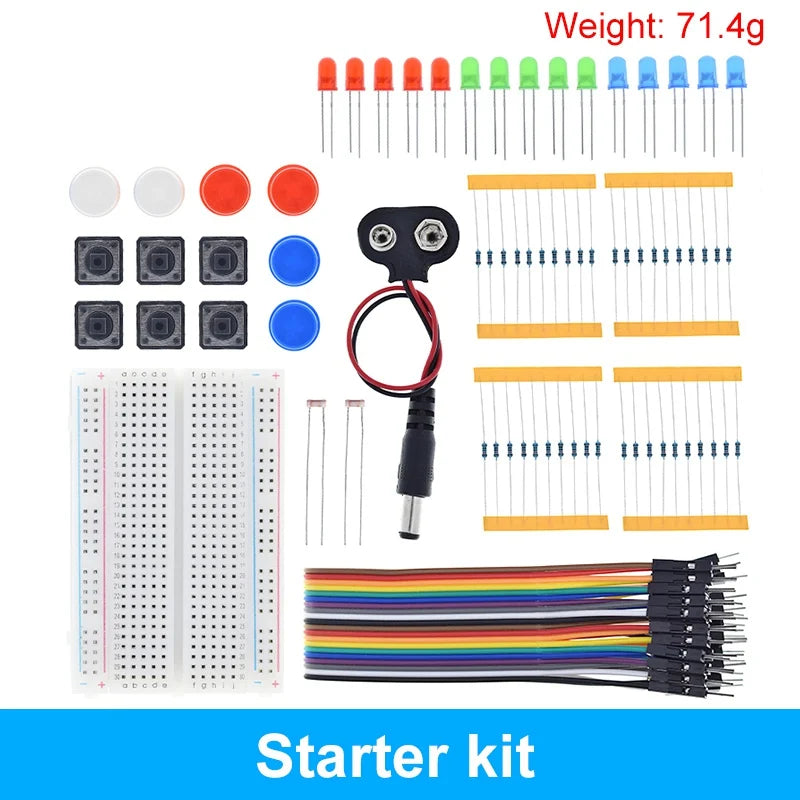 Kit Inicio TZT para Arduino UNO R3 (Mini Protoboard, LED, Cables Jumper, Botón) para Educación Escolar/Laboratorio
