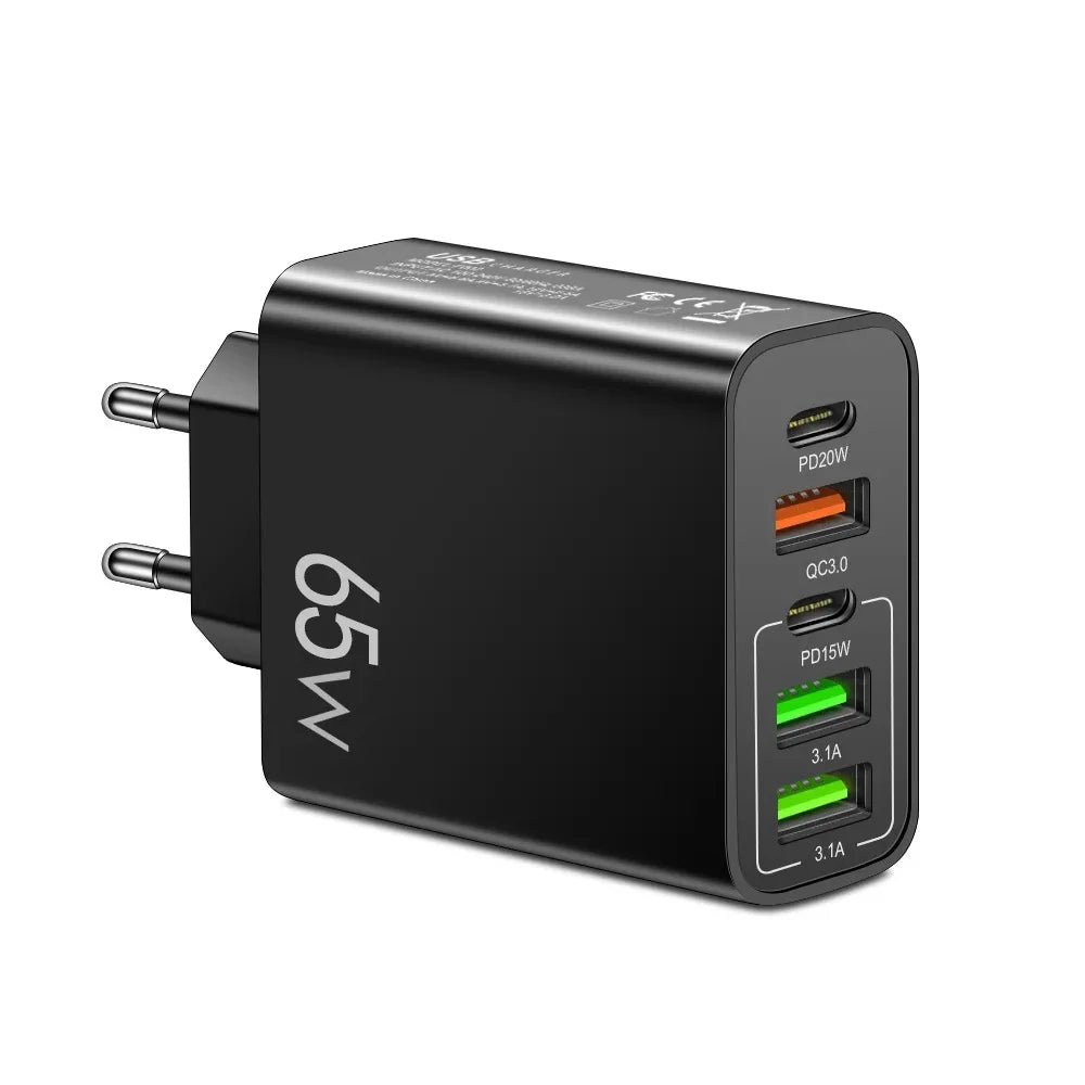 Cargador Pared USB C PD 20W + 4 Puertos USB (Total 65W) Carga Rápida QC 3.0 Adaptador para iPhone 15 Pro/Samsung/Xiaomi
