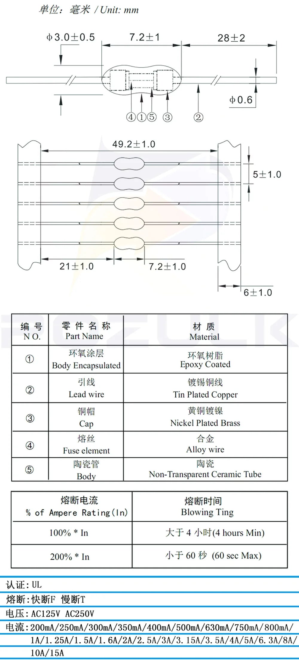 500mA-15A 2.4*7mm 0.125A 0.5A 1A 1.5A 1.6A 2A 3A 4A 5A 7A 10A 15A Axial Lead Fuse 125V/250V DIP-2 Fast Blow PICO Resistance Fuse
