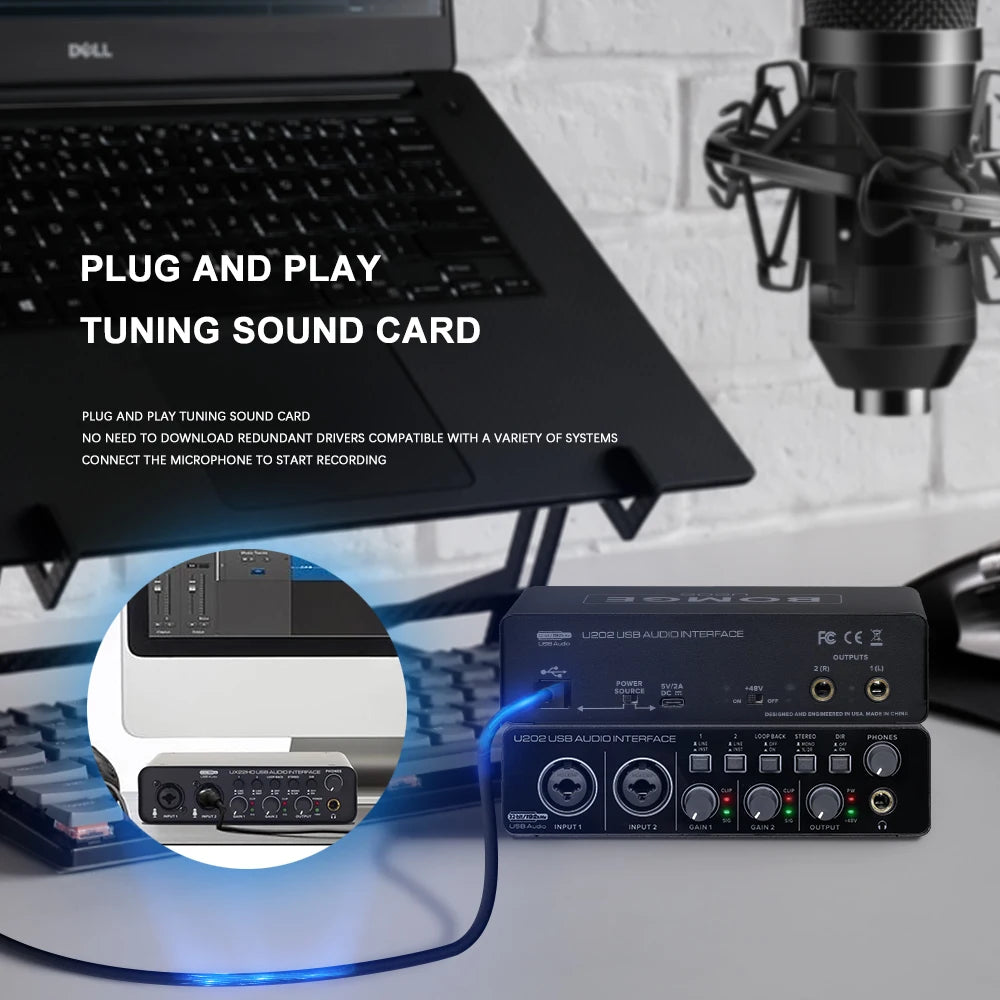 Interfaz de Audio USB Bomge U202 Preamplificador Micrófono XLR/TRS/TS 48V 32-bit/192kHz Grabación/Streaming