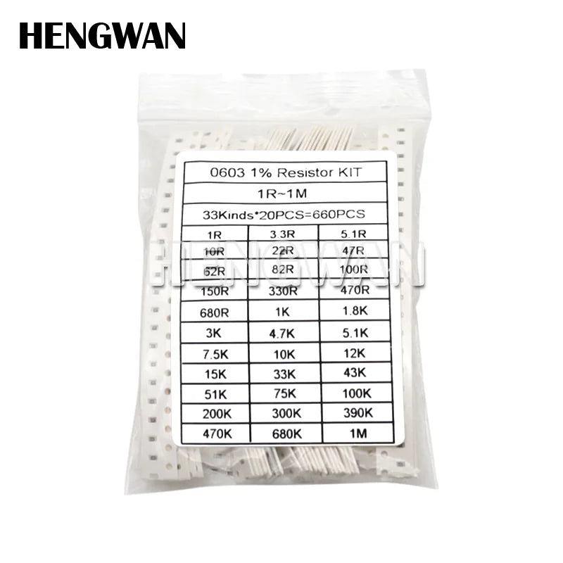 Kit Surtido Resistencias SMD 1% (0201-1206, 33 Valores x 20pcs = 660pcs, 1R-1M Ohm) Set Resistencia