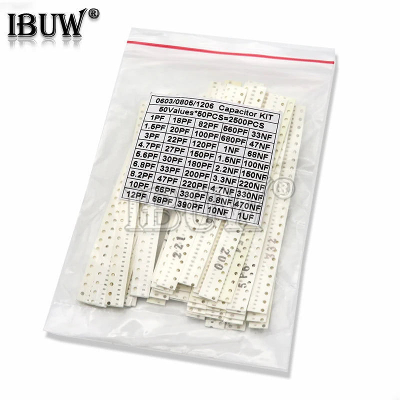 Kit Surtido Capacitor SMD (0603/0805/1206, 1pF-1uF, Varios Formatos: 16/36/50 Valores, 320/720/2500 Piezas)