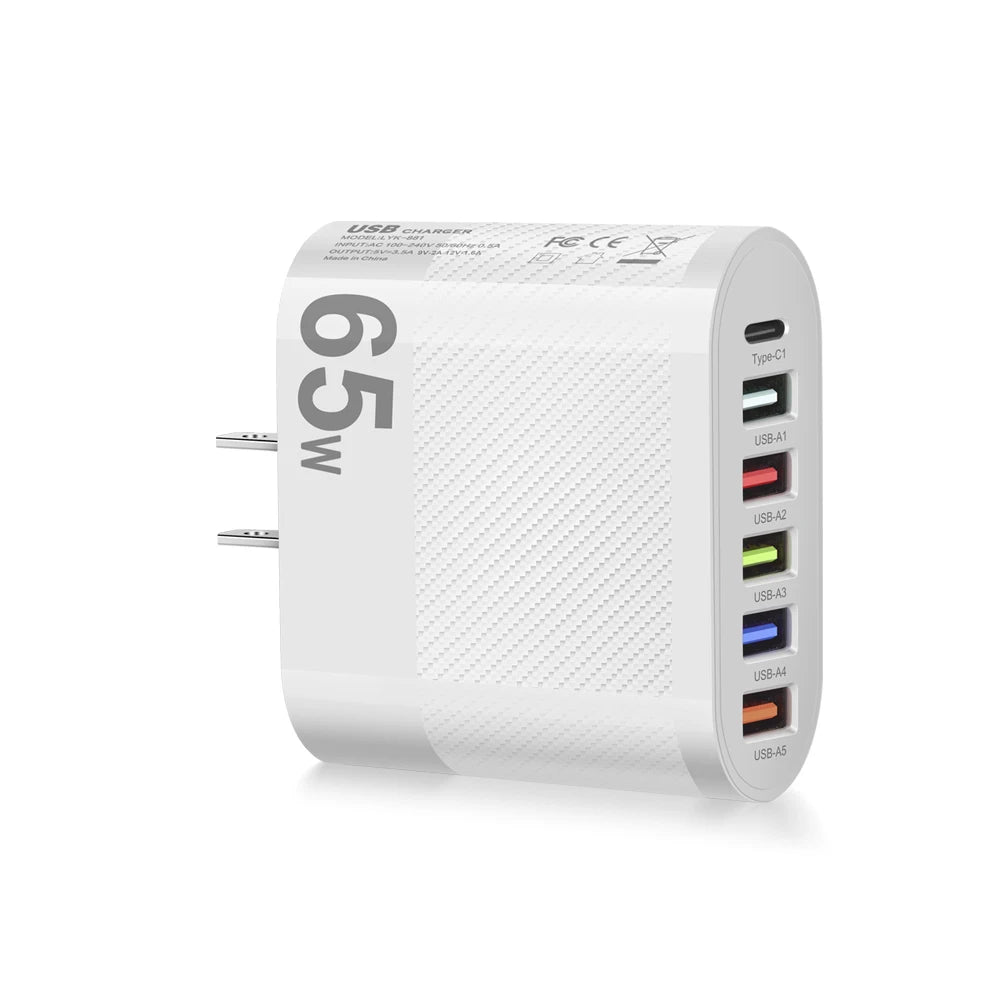 Cargador Pared USB Múltiple 6 Puertos 65W Carga Rápida Alta Velocidad (PD, QC 3.0) Adaptador Móvil para Huawei Mate 60/Xiaomi 13