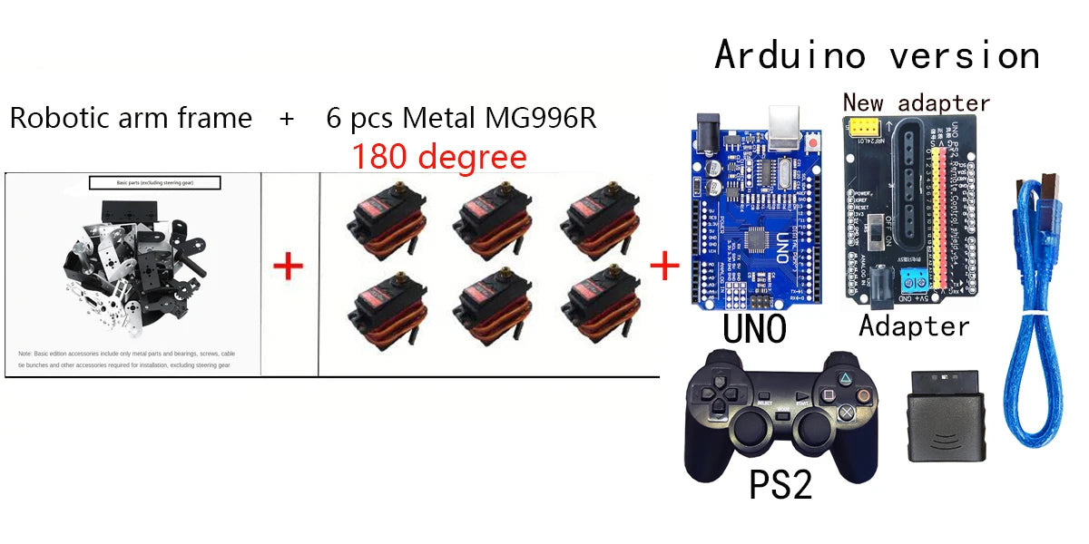 Kit Brazo Robot Mecánico Aleación Metálica 6-DOF (360°, para MG996R) Arduino Robótica Educacional Programable PS2