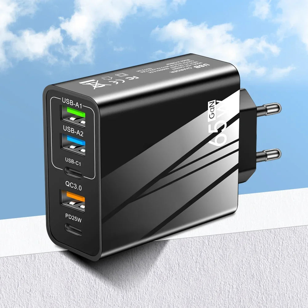 Cargador Pared Rápido 65W (PD + 3 USB-A 3.1A) Adaptador Viaje Multi-Interfaz Enchufe EU/US para Samsung/Xiaomi/iPhone