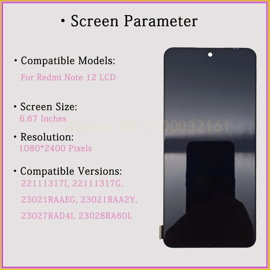 6.67" Tested Display For Redmi Note 12 LCD Screen 22111317G Digitizer For Redmi Note 12 4G 5G LCD Display 23028RA60L Replacement