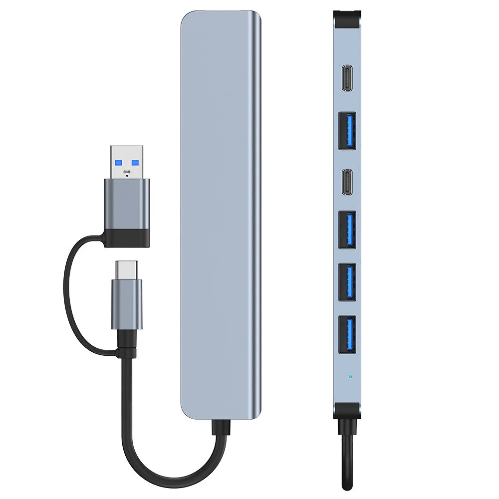Hub Extensor USB-C a USB 3.0 Aluminio 7 en 1 (1x USB 3.0, 4x USB 2.0, 2x USB-C) Distribuidor USB