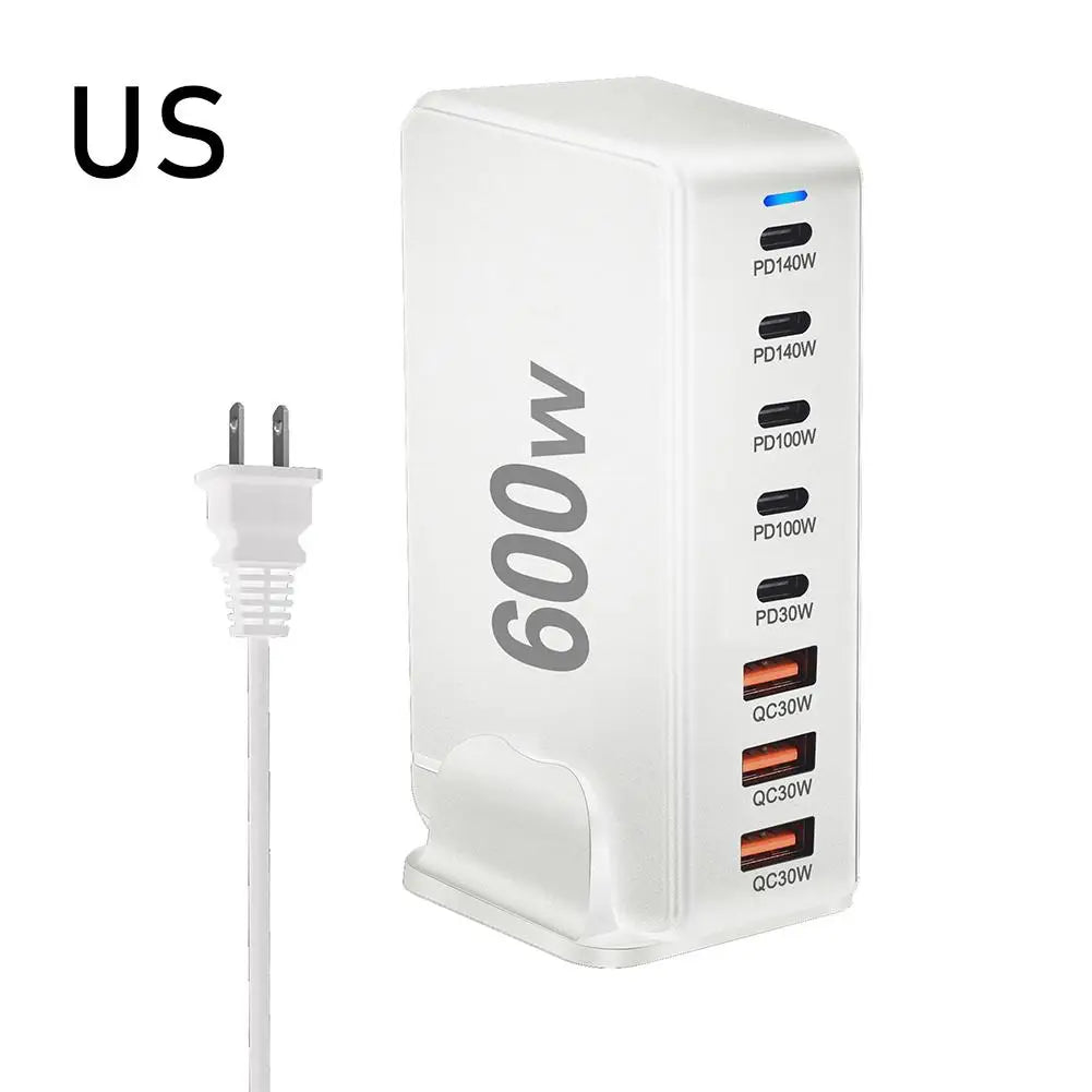 Cargador Escritorio GaN 600W PD3.1 Multifunción 28V/5A USB-C Adaptador US/EU/UK/AU Ahorro Energía