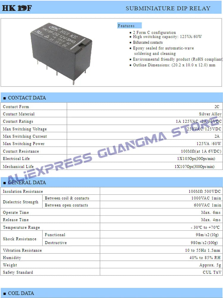 Relé HK19F 8-Pin 2A DPDT - Varios Voltajes Bobina (3V a 24V DC) - Lote 1 Pieza
