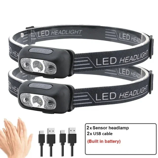 Linterna Frontal LED Portátil Luz Fuerte con Sensor (Recargable USB) para Camping Exterior/Pesca/Emergencia
