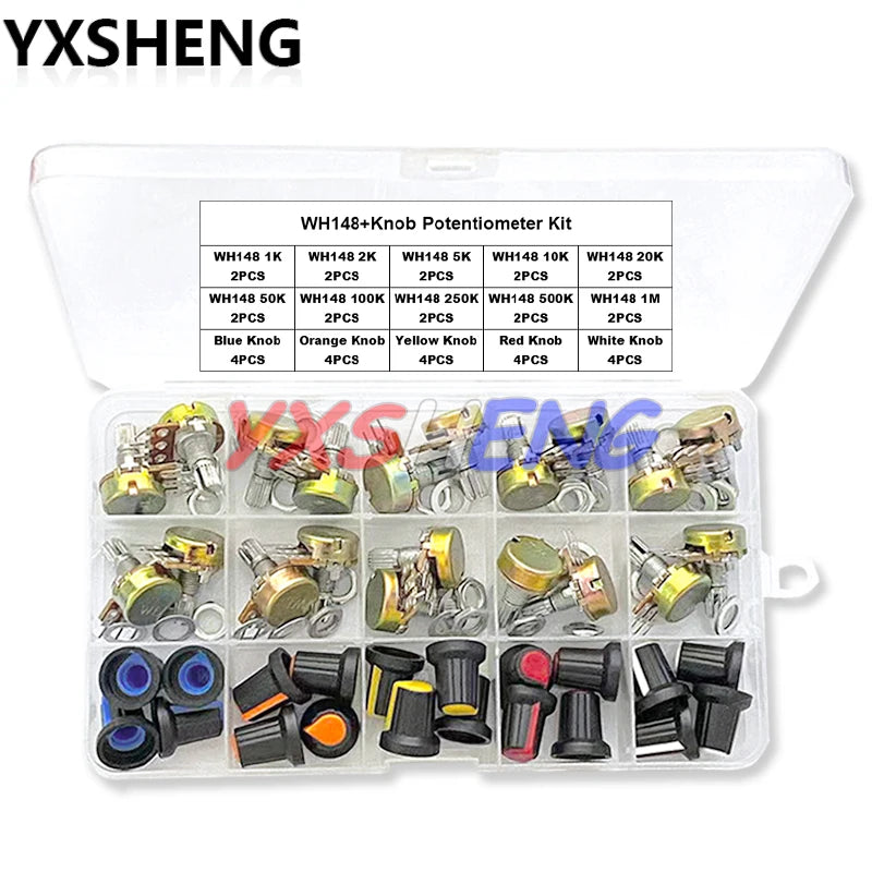 20Sets WH148 15MM Single Potentiometer Kits B1K/2K/5K/10K/20K/50K/100K/250K/500K/1M,With White, Blue Yellow Orange Red Knobs Set