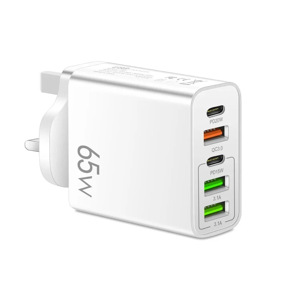 Cargador Pared USB C PD 20W + 4 Puertos USB (Total 65W) Carga Rápida QC 3.0 Adaptador para iPhone 15 Pro/Samsung/Xiaomi