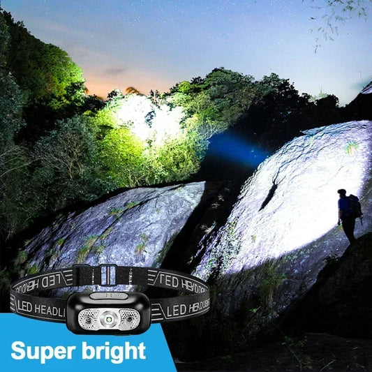 Linterna Frontal LED Portátil Luz Fuerte con Sensor (Recargable USB) para Camping Exterior/Pesca/Emergencia