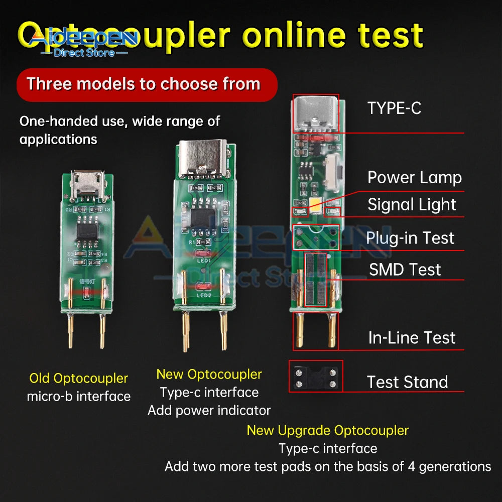 Tester Optoacoplador 4-Pin Herramienta Prueba Online Placa Reparación Electrónica Interface USB-C/Micro-B Específico
