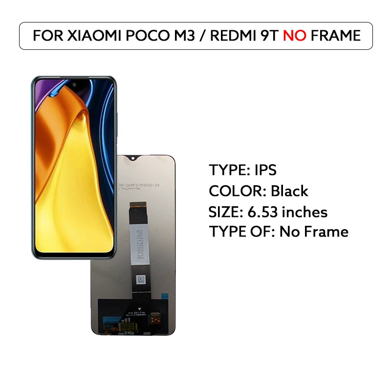 6.53" LCD Display For Xiaomi Poco M3 Redmi 9T LCD Touch Screen Digitizer Assembly With Frame M2010J19CG Replacement Repair Parts