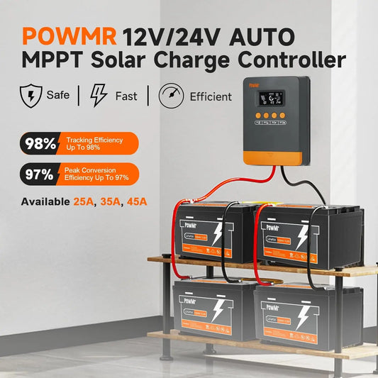 Controlador Cargador Solar MPPT PowMr 25A/35A/45A 12V/24V Auto Regulador Panel Batería LiFePO4 Max PV 100VDC
